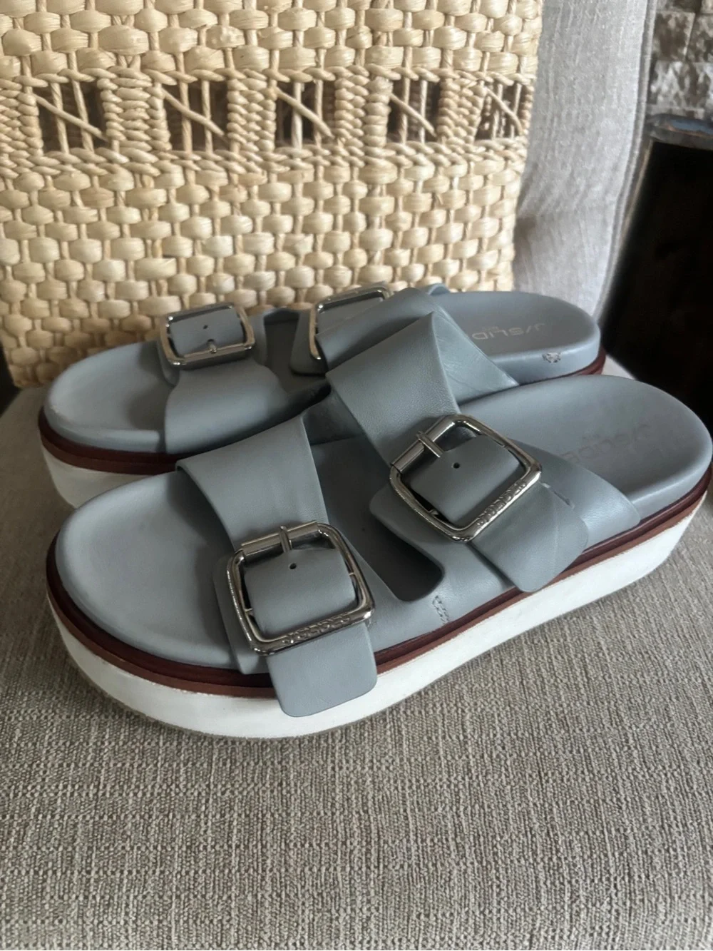 J Slides Light Gray Double-Buckle Platform Sandals with White Sole - Picture 6 of 8